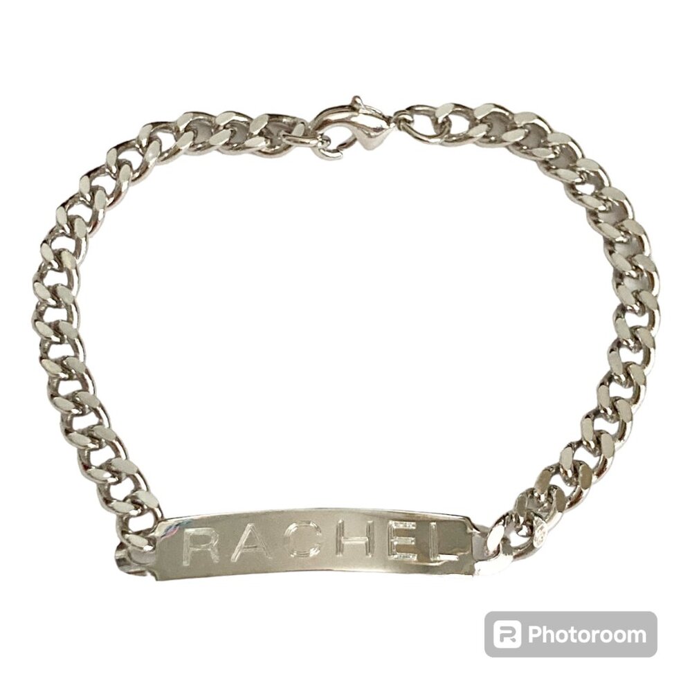 Vintage Name ID Bracelet RACHEL Silver Tone Rhodium Plated 7.5" Girls Teen 90's